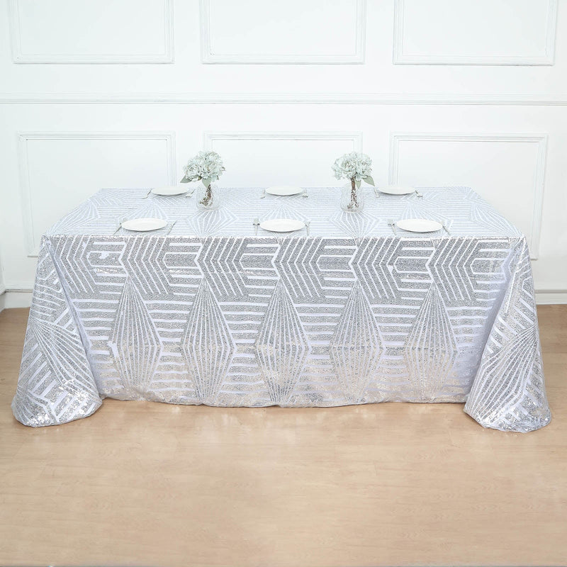 90"x132" Tulle Rectangular Tablecloth with Sequins and Geometric Pattern