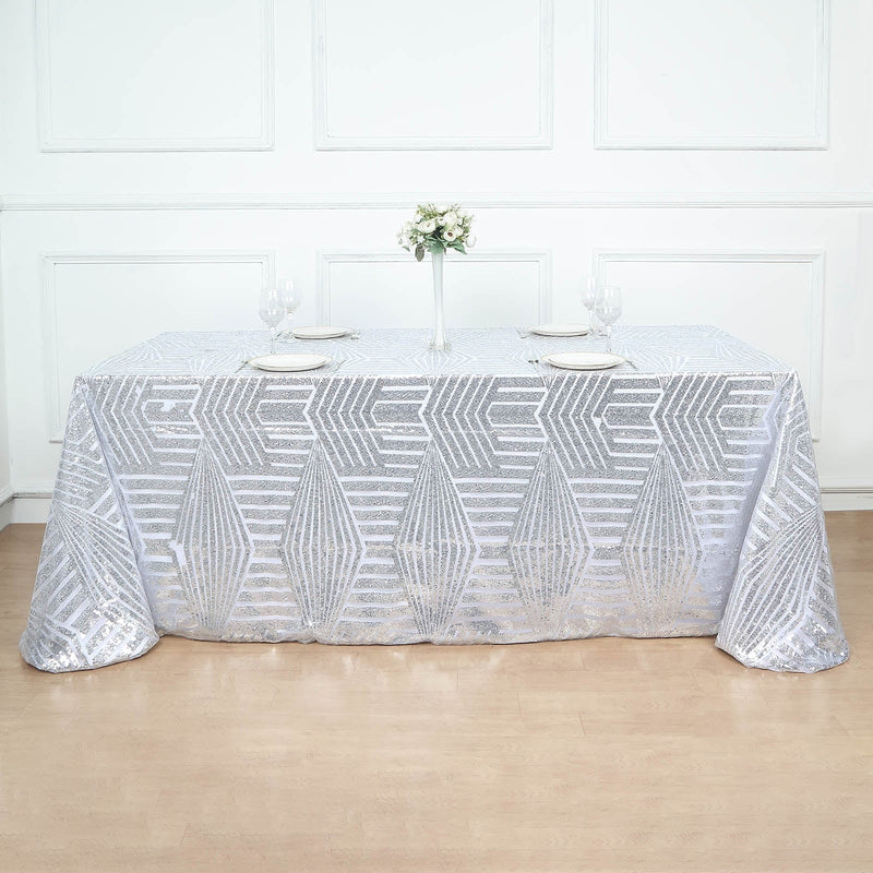 90"x132" Tulle Rectangular Tablecloth with Sequins and Geometric Pattern