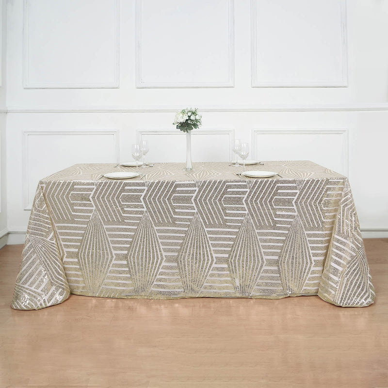 90"x132" Tulle Rectangular Tablecloth with Sequins and Geometric Pattern