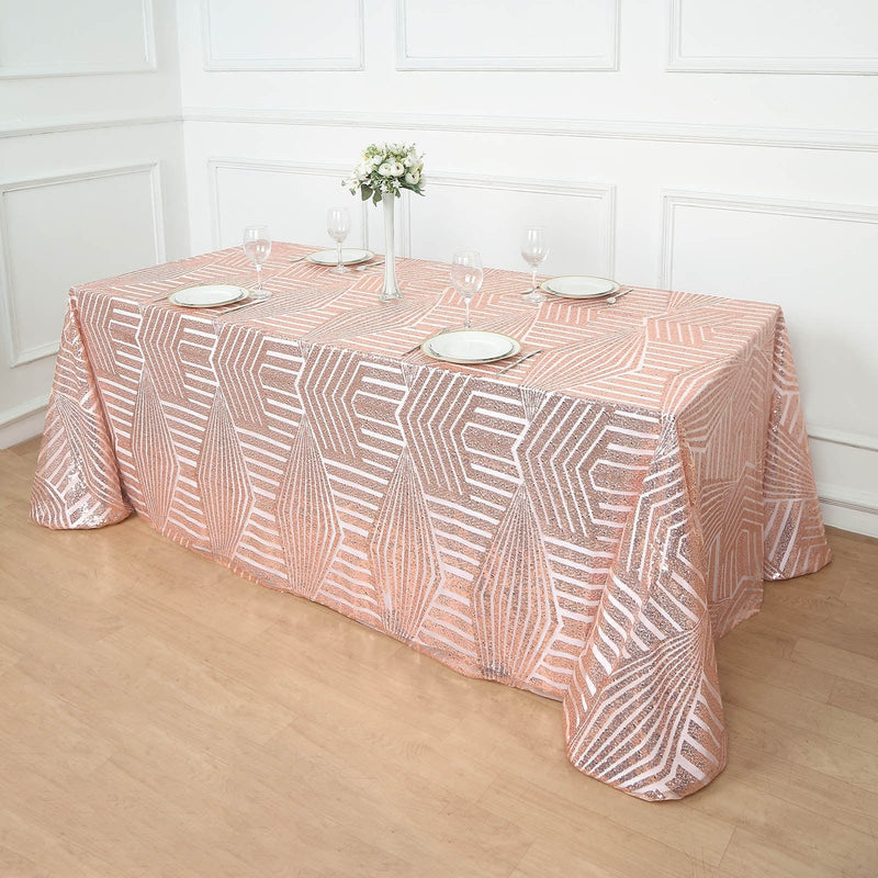 90"x132" Tulle Rectangular Tablecloth with Sequins and Geometric Pattern