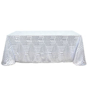 90"x132" Tulle Rectangular Tablecloth with Sequins and Geometric Pattern TAB_02G_90132_SILV