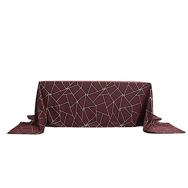 90"x156" Polyester Rectangular Tablecloth with Metallic Geometric Pattern TAB_FOIL_90156_BURG_G