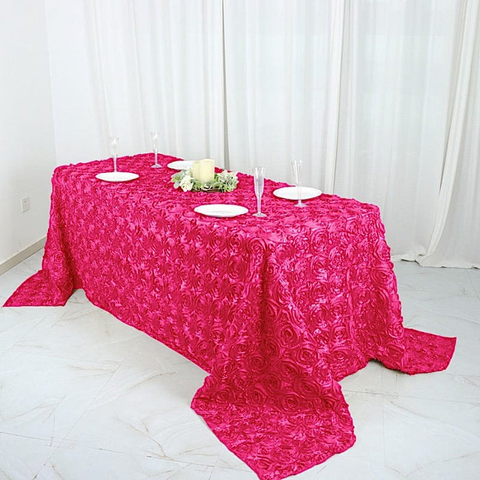 90x132" Satin Ribbon Roses Rectangle Tablecloth TAB_01_90132_FUSH