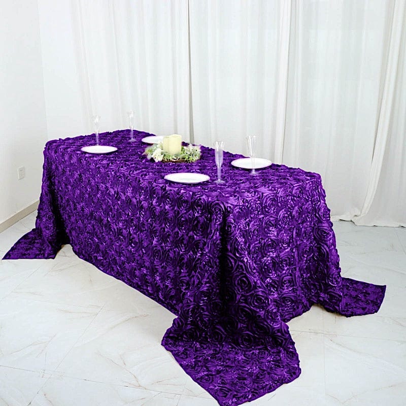90x132" Satin Ribbon Roses Rectangle Tablecloth TAB_01_90132_PURP