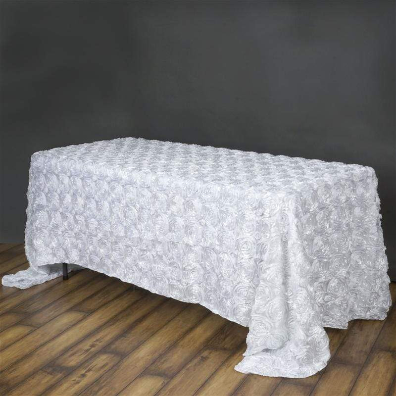 90x132" Satin Ribbon Roses Rectangle Tablecloth TAB_01_90132_WHT