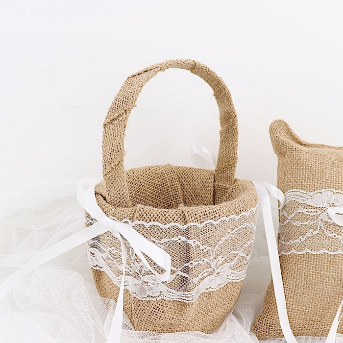 Burlap with Lace Flower Girl Basket and Ring Bearer Pillow - Natural and White WED_CER_FGRB_JUTE01_NAT