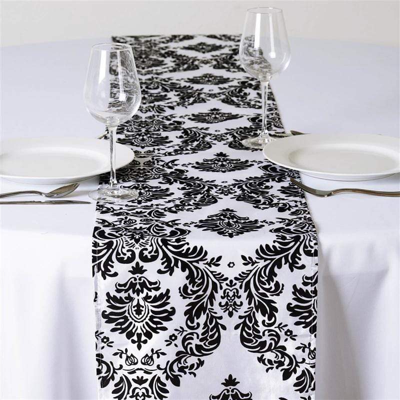 Damask Flocking Table Runner RUN_FLK_BLK