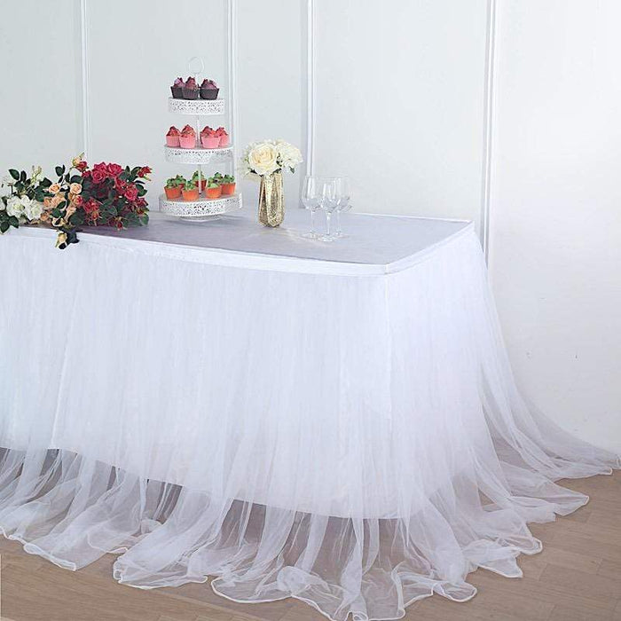 21 ft x 48" Dual Layer Tulle with Satin Table Skirt - White SKT_T04_WHT_WHT_21