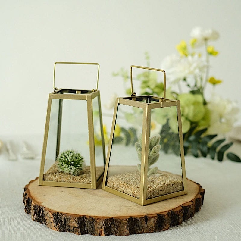 Geometric Metal Lantern Candle Holder Hanging Terrarium - Gold and Clear