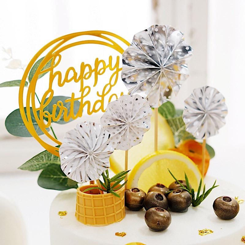 Happy Birthday Cake Topper Set with Paper Fans and Confetti Balloon