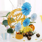 Happy Birthday Cake Topper Set with Paper Fans and Confetti Balloon