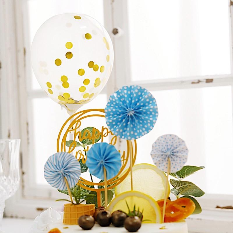 Happy Birthday Cake Topper Set with Paper Fans and Confetti Balloon