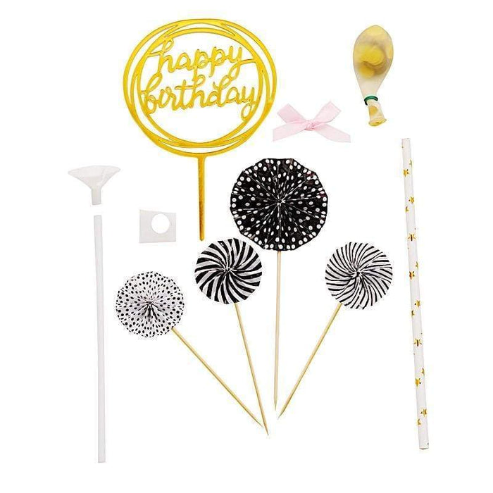 Happy Birthday Cake Topper Set with Paper Fans and Confetti Balloon CAKE_TOP_003_BLK