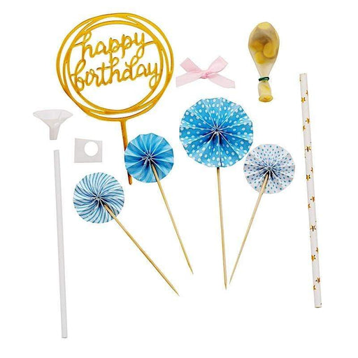 Happy Birthday Cake Topper Set with Paper Fans and Confetti Balloon CAKE_TOP_003_BLUE