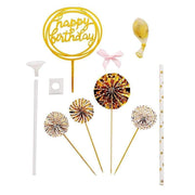 Happy Birthday Cake Topper Set with Paper Fans and Confetti Balloon CAKE_TOP_003_GOLD