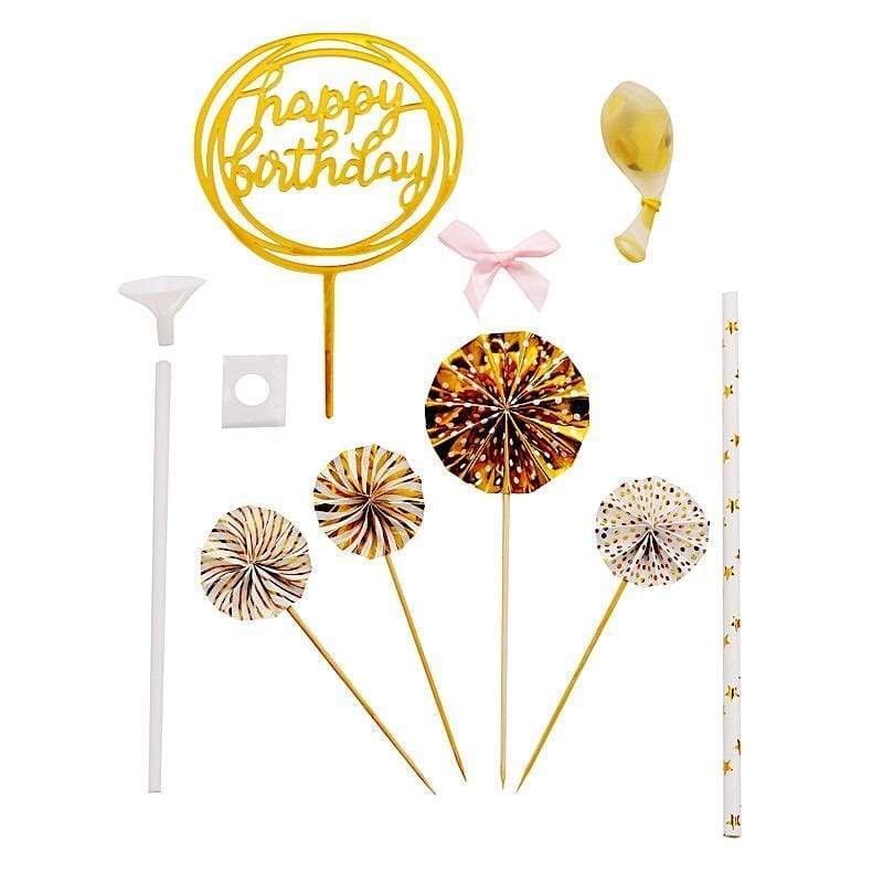 Happy Birthday Cake Topper Set with Paper Fans and Confetti Balloon CAKE_TOP_003_GOLD