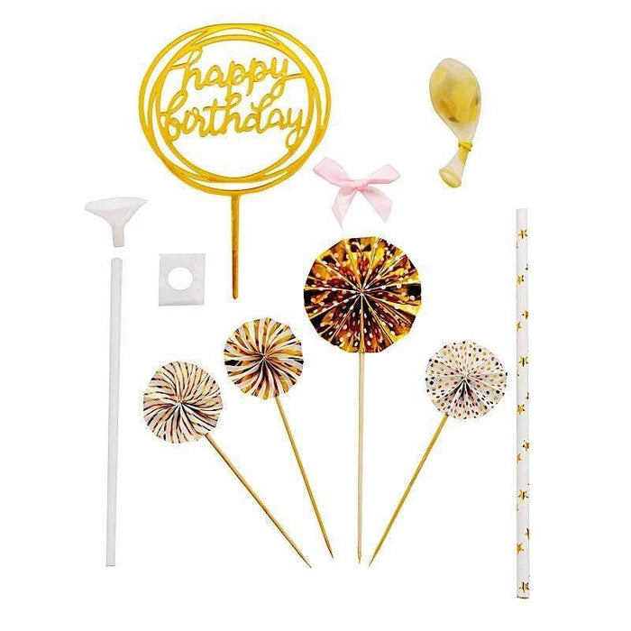 Happy Birthday Cake Topper Set with Paper Fans and Confetti Balloon CAKE_TOP_003_GOLD