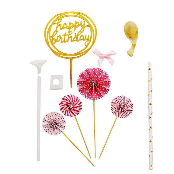 Happy Birthday Cake Topper Set with Paper Fans and Confetti Balloon CAKE_TOP_003_PINK