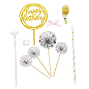 Happy Birthday Cake Topper Set with Paper Fans and Confetti Balloon CAKE_TOP_003_SILV