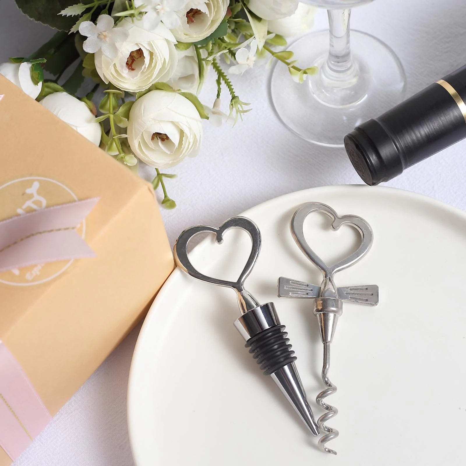 Heart Wine Bottle Stopper and Opener Gift Set Wedding Favor - Silver STOP_HRT01_SILV