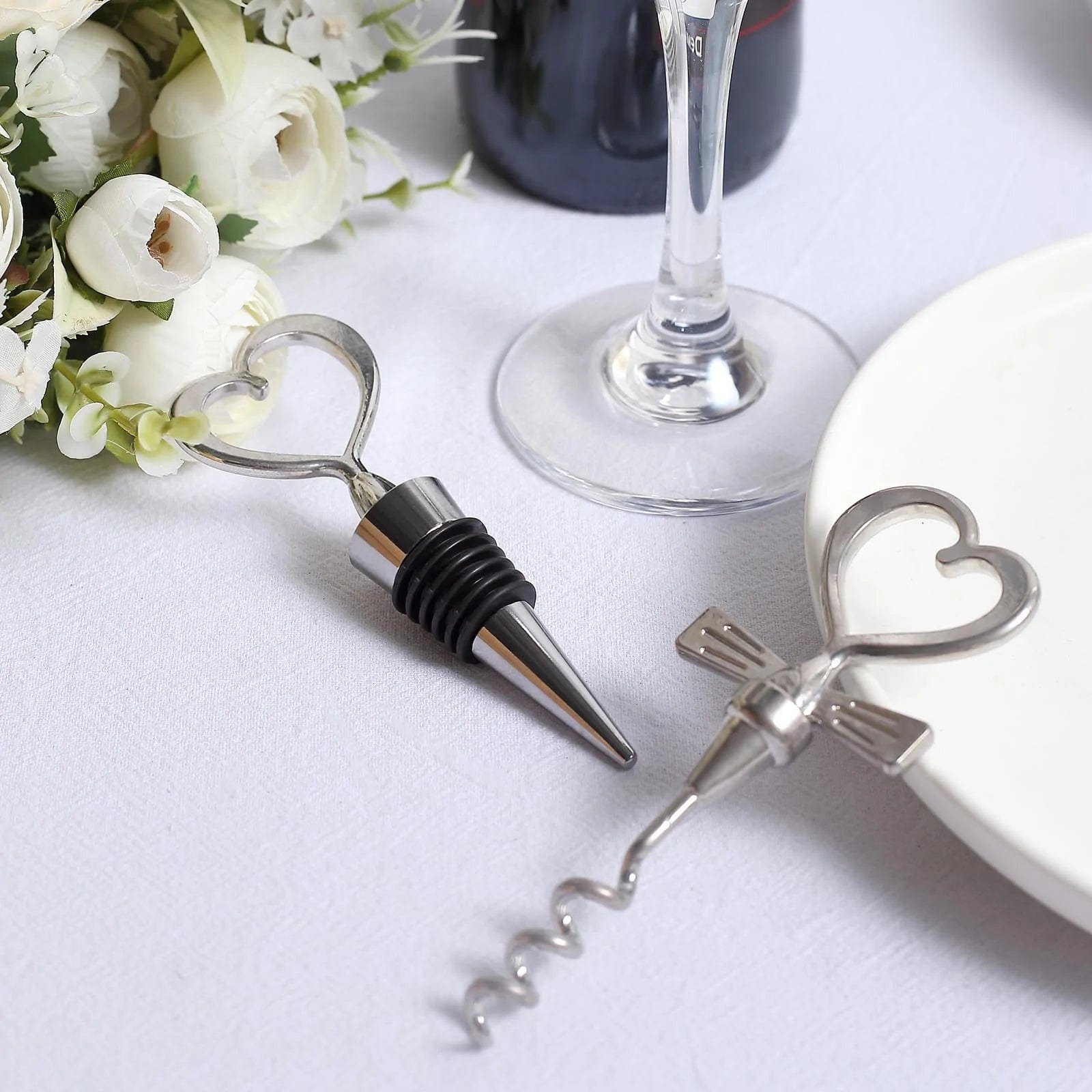 Heart Wine Bottle Stopper and Opener Gift Set Wedding Favor - Silver STOP_HRT01_SILV