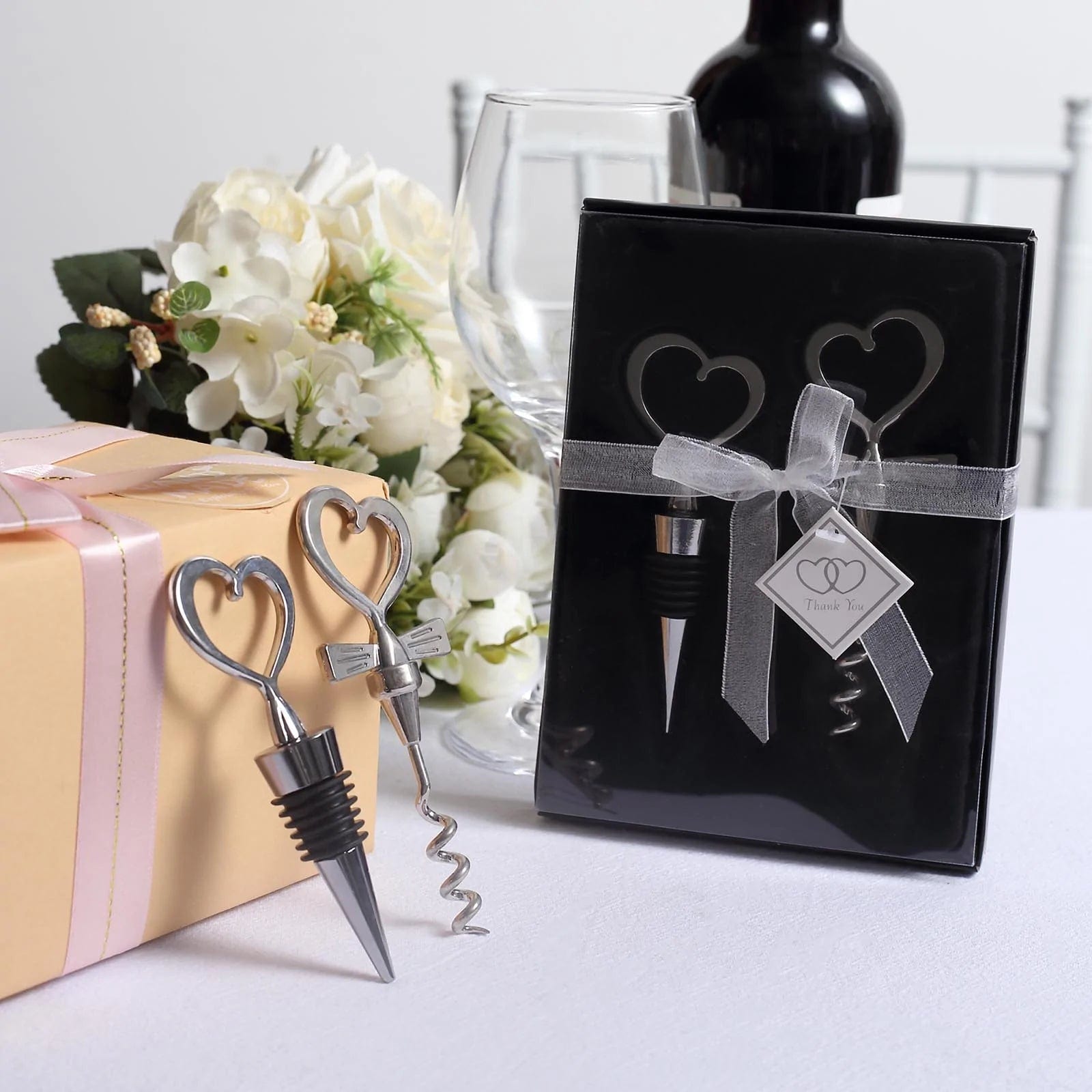 Heart Wine Bottle Stopper and Opener Gift Set Wedding Favor - Silver STOP_HRT01_SILV