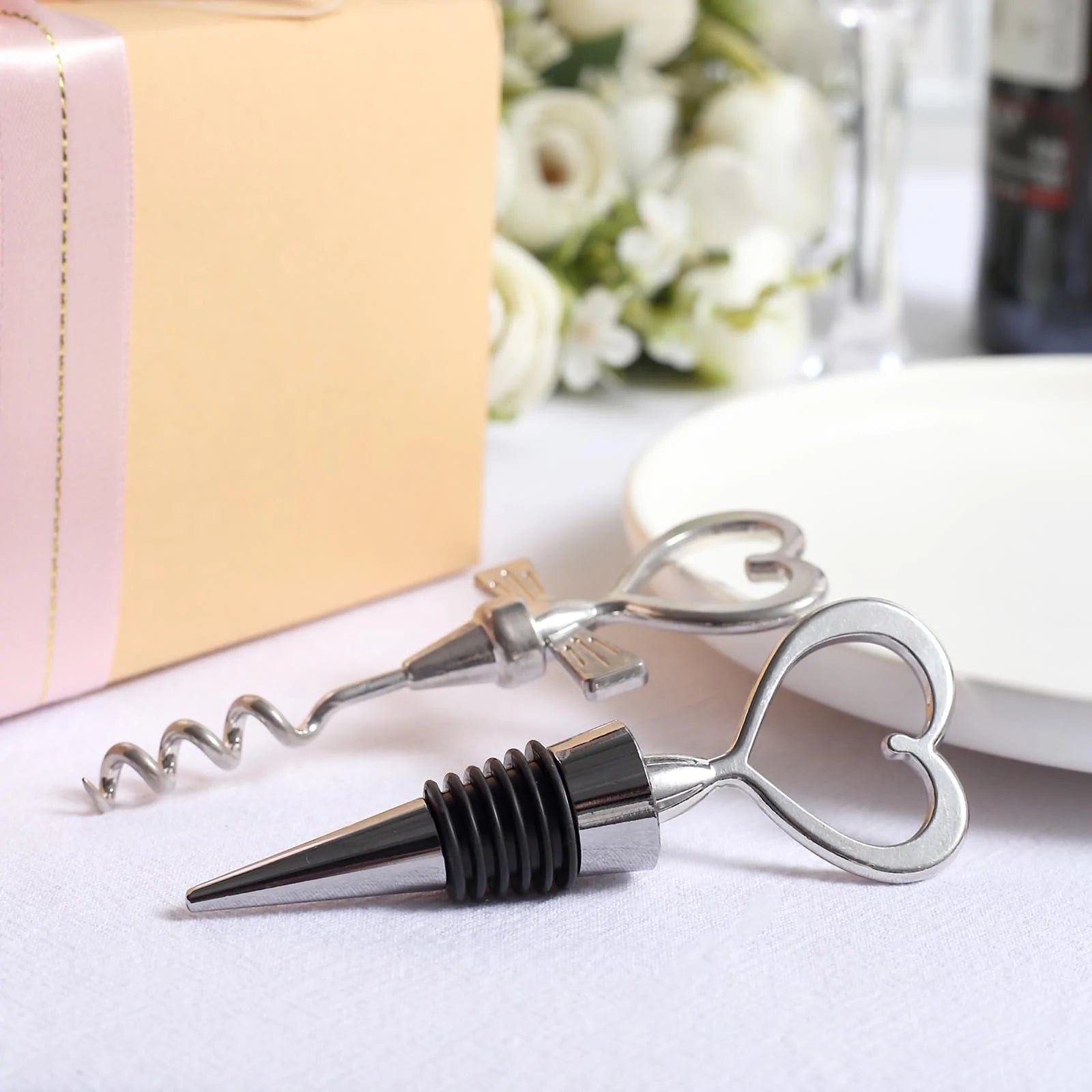 Heart Wine Bottle Stopper and Opener Gift Set Wedding Favor - Silver STOP_HRT01_SILV