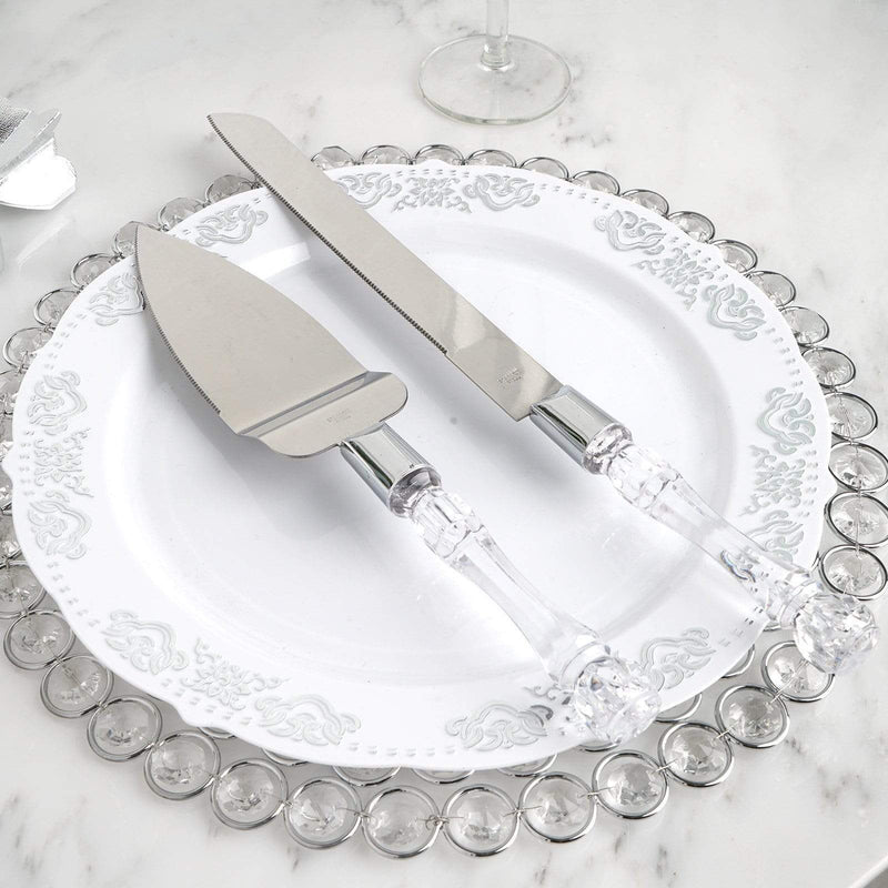 Knife and Server Crystal Handles Cake Serving Set - Silver with Clear PLTC_CLR_SERV