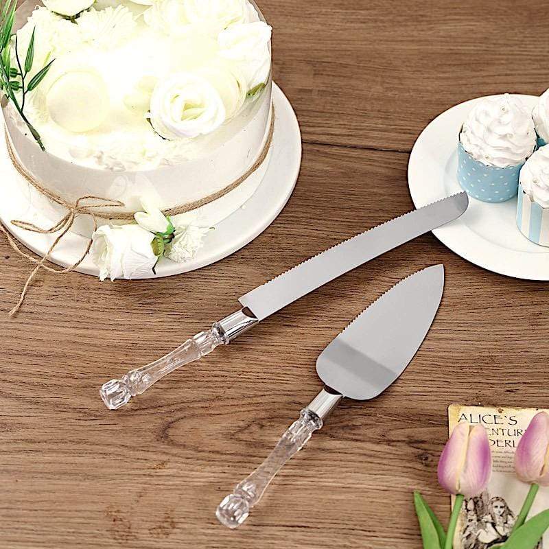 Knife and Server Crystal Handles Cake Serving Set - Silver with Clear PLTC_CLR_SERV