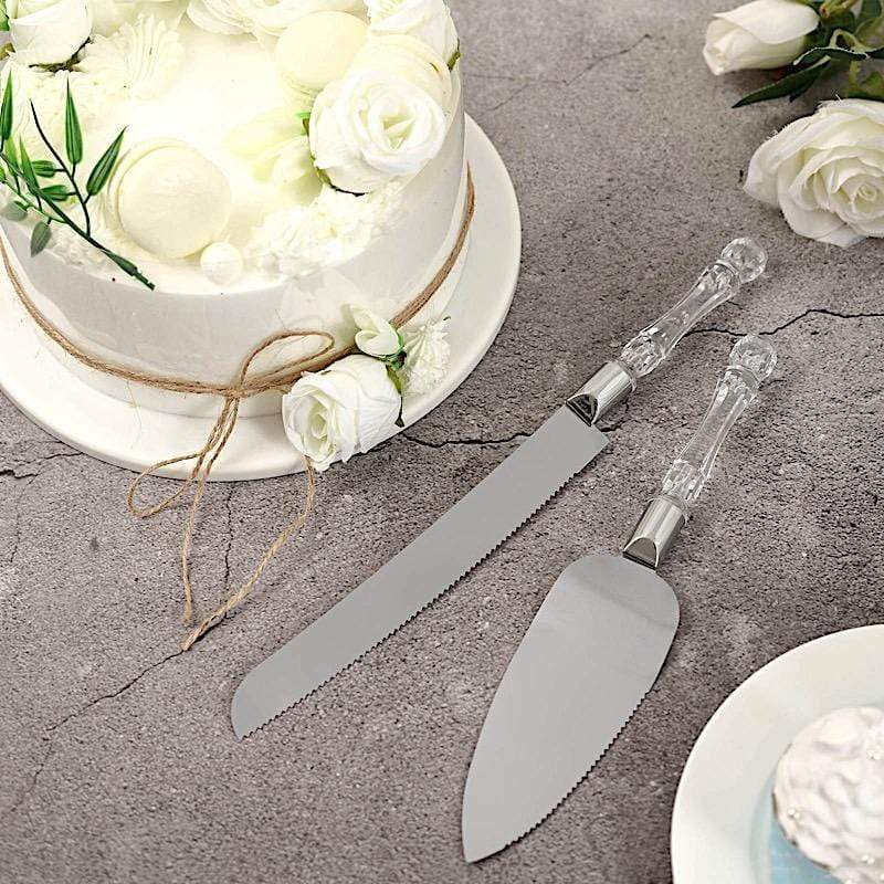 Knife and Server Crystal Handles Cake Serving Set - Silver with Clear PLTC_CLR_SERV