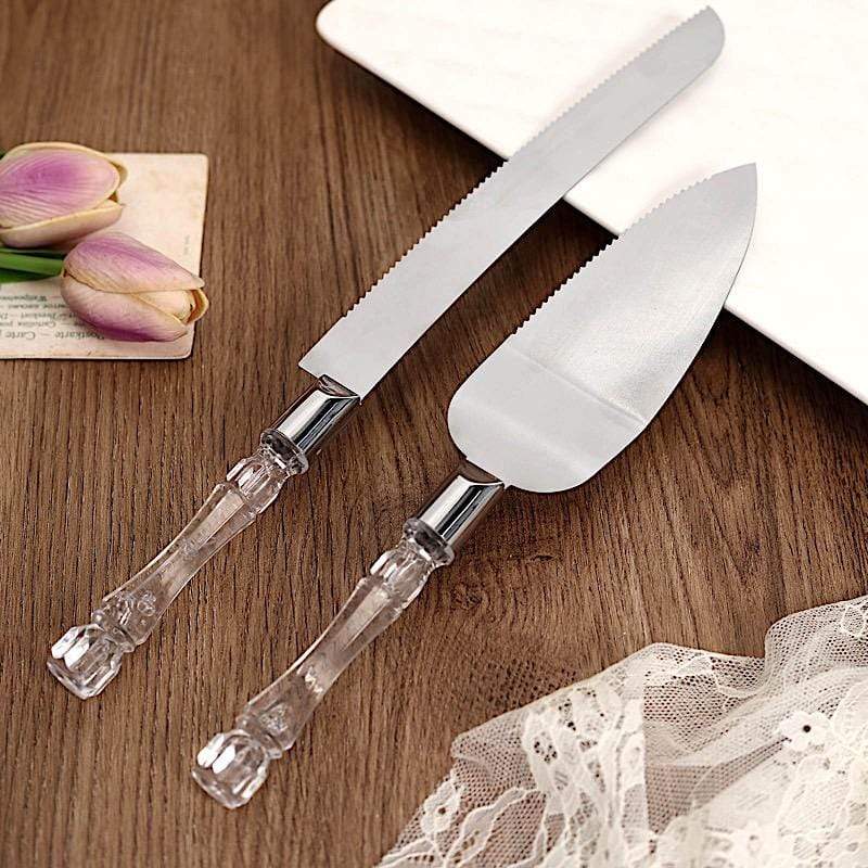 Knife and Server Crystal Handles Cake Serving Set - Silver with Clear PLTC_CLR_SERV