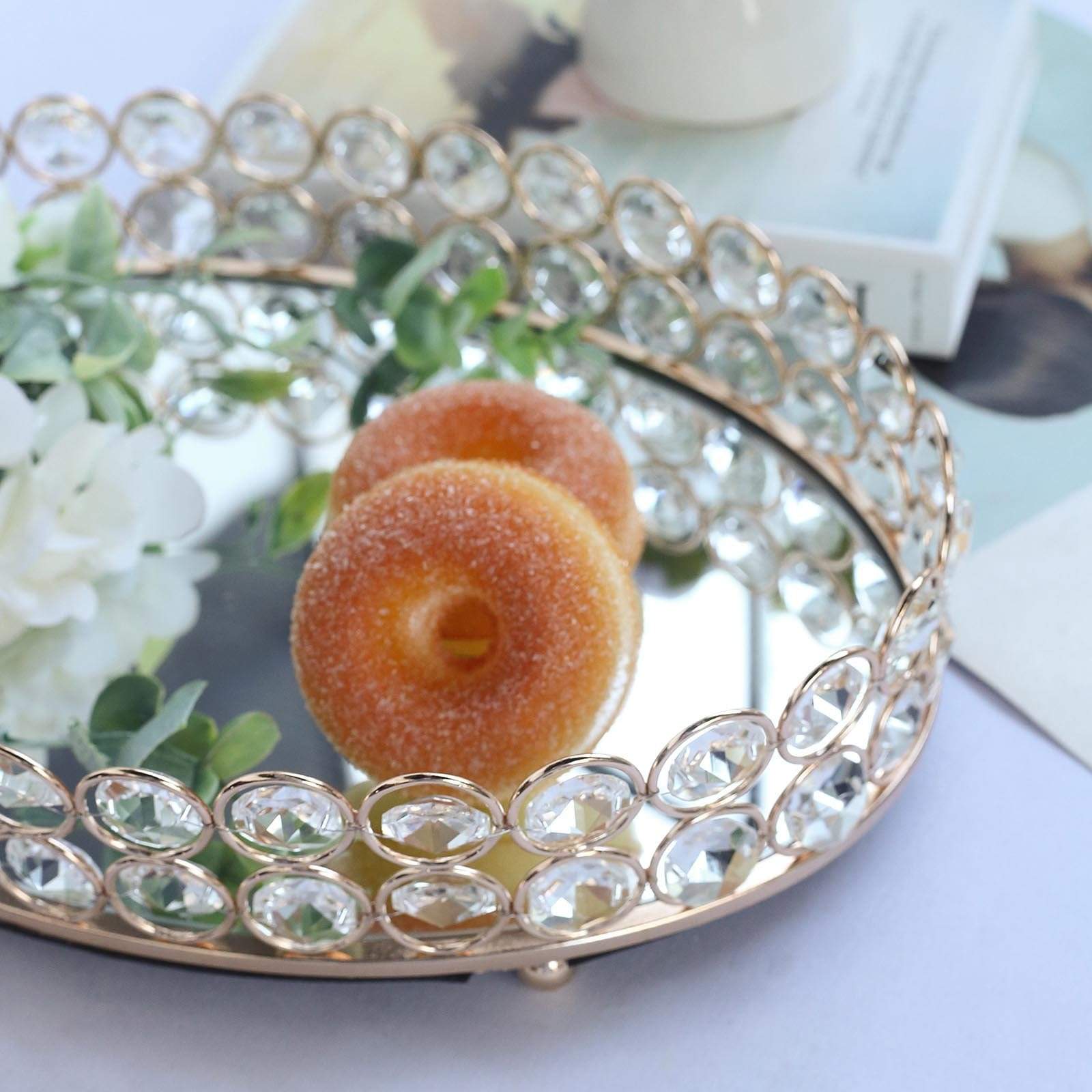 Metal Crystal Beaded Oval Mirror Serving Tray