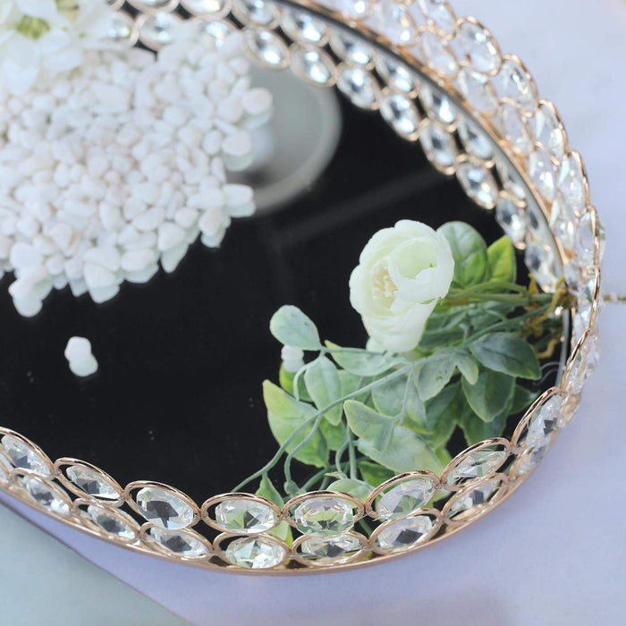 Metal Crystal Beaded Oval Mirror Serving Tray