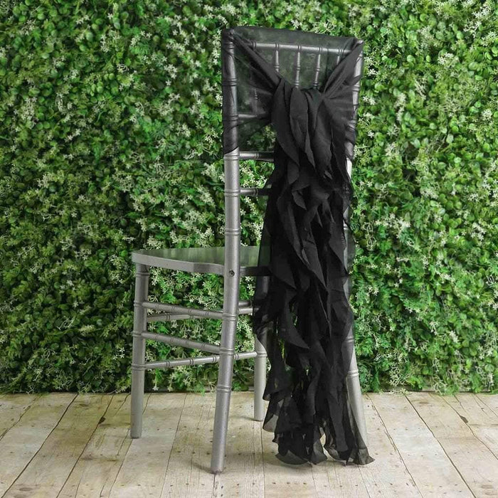 Premium Chair Cover with Curly Chiffon Ruffled Sashes SASH_2403_BLK