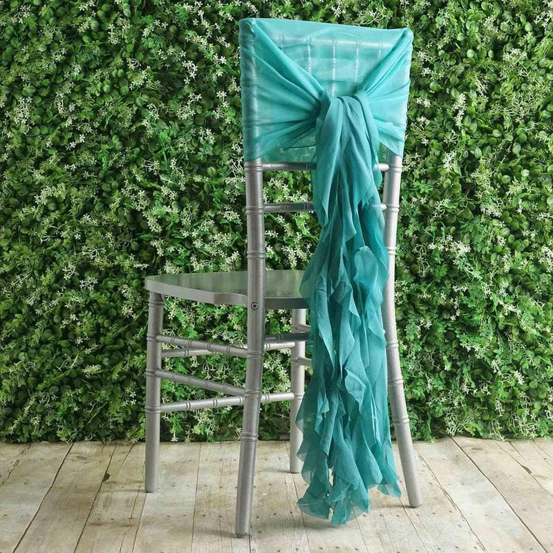 Premium Chair Cover with Curly Chiffon Ruffled Sashes SASH_2403_TURQ