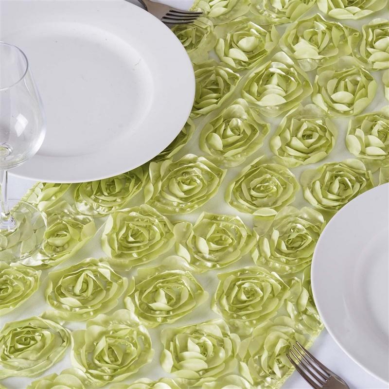 Satin Ribbon Roses on Lace Table Runner - Tea Green RUN_32_021