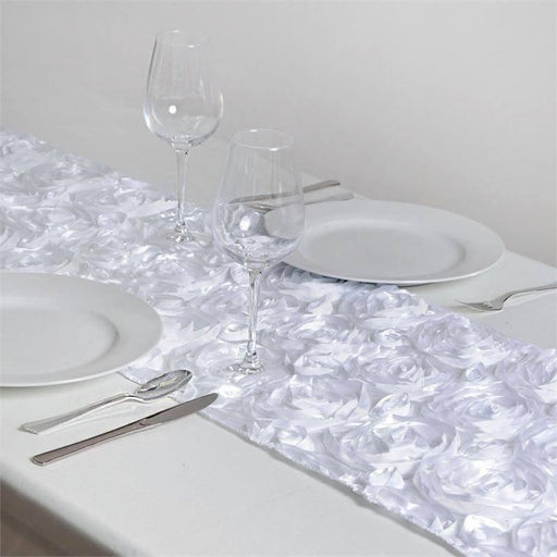 Satin Ribbon Roses Table Runner RUN_01_WHT
