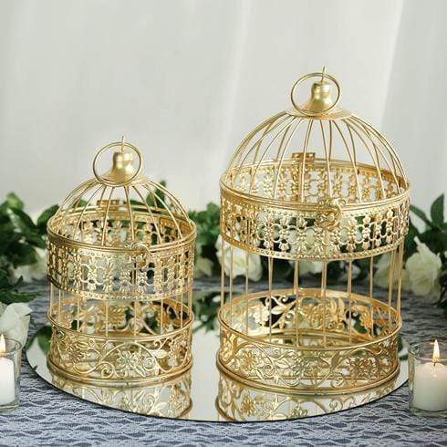 Set of 2 9" and 13" tall Metal Bird Cages Wedding Card Holder Centerpieces - Gold IRON_LG_BDCG_GOLD
