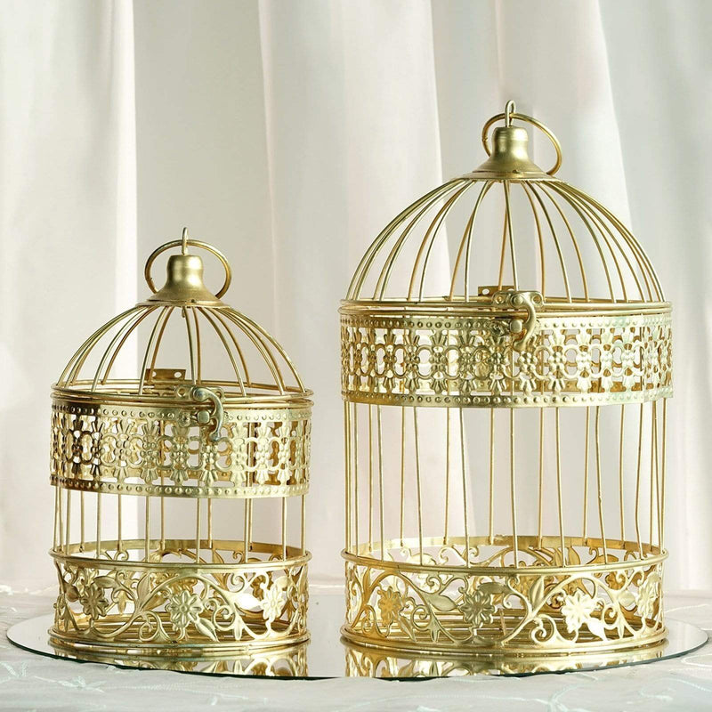 Set of 2 9" and 13" tall Metal Bird Cages Wedding Card Holder Centerpieces - Gold IRON_LG_BDCG_GOLD