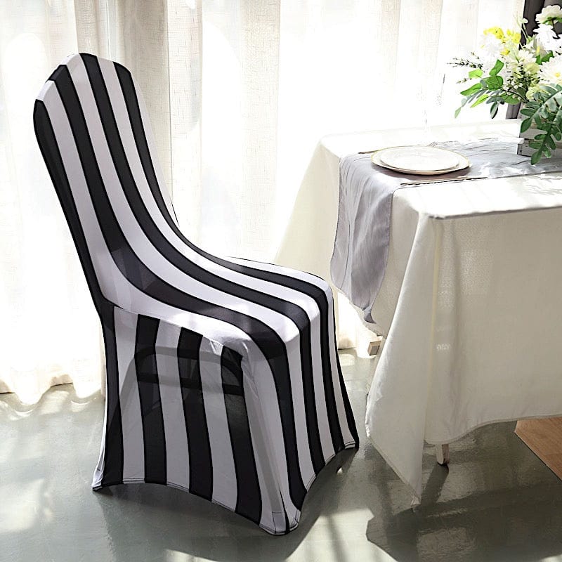 Striped Fitted Premium Spandex Banquet Chair Cover - Black and White CHAIR_SPX15_BLK