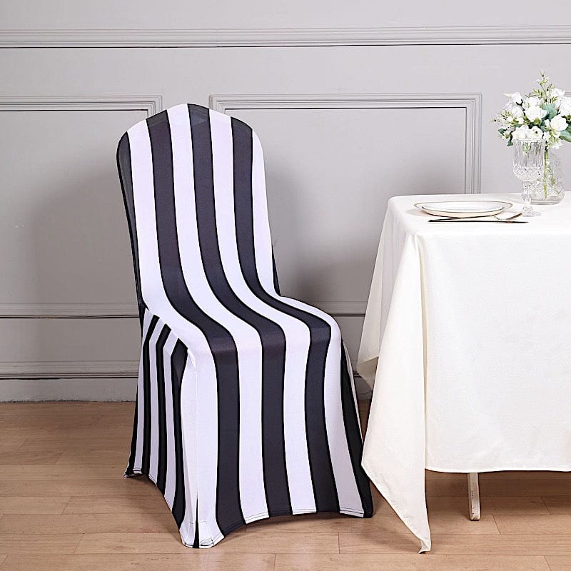 Striped Fitted Premium Spandex Banquet Chair Cover - Black and White CHAIR_SPX15_BLK