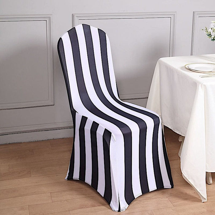 Striped Fitted Premium Spandex Banquet Chair Cover - Black and White CHAIR_SPX15_BLK