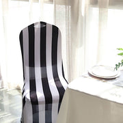 Striped Fitted Premium Spandex Banquet Chair Cover - Black and White CHAIR_SPX15_BLK
