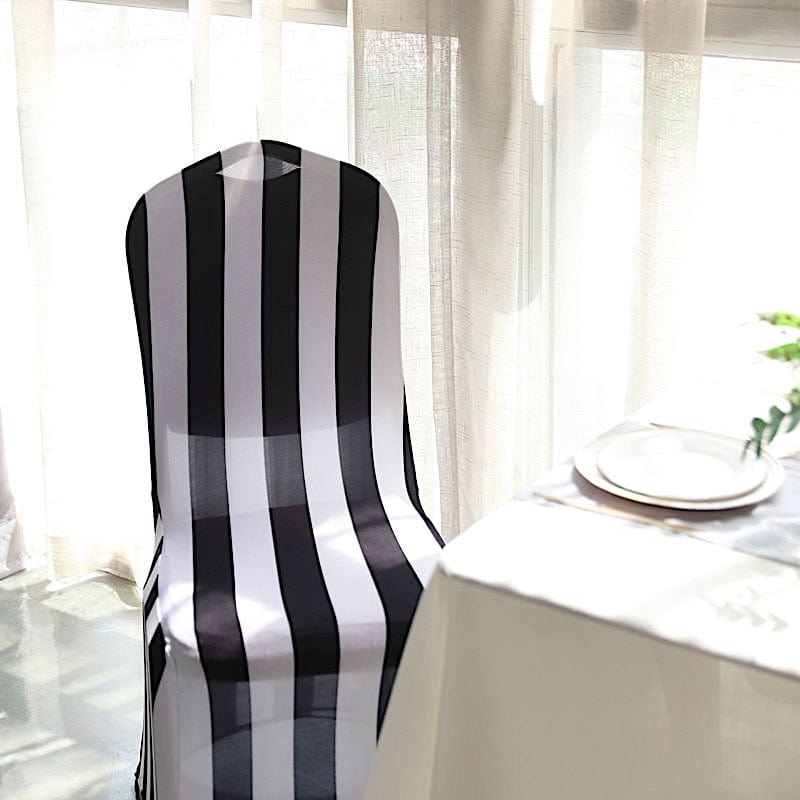Striped Fitted Premium Spandex Banquet Chair Cover - Black and White CHAIR_SPX15_BLK