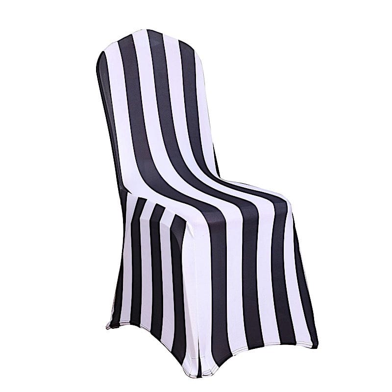 Striped Fitted Premium Spandex Banquet Chair Cover - Black and White CHAIR_SPX15_BLK