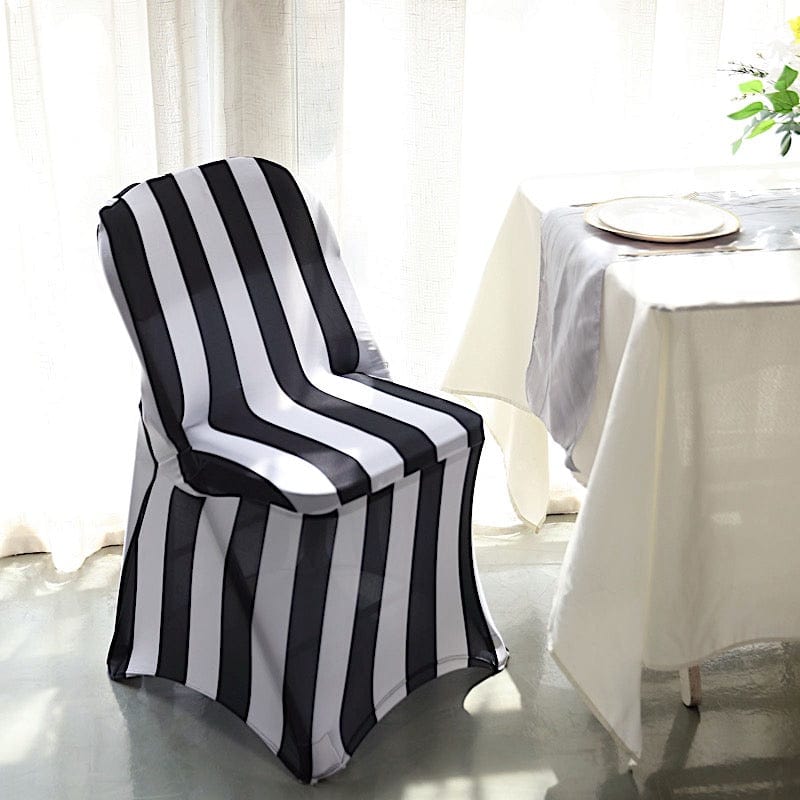 Striped Fitted Premium Spandex Folding Chair Cover - Black and White CHAIR_SPFD15_BLK