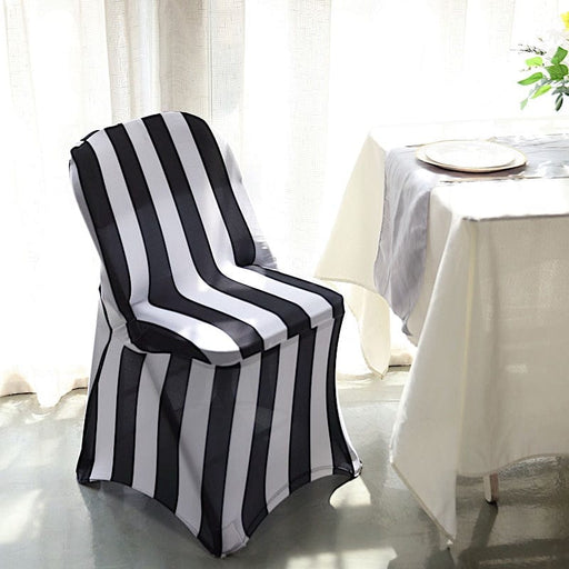 Striped Fitted Premium Spandex Folding Chair Cover - Black and White CHAIR_SPFD15_BLK