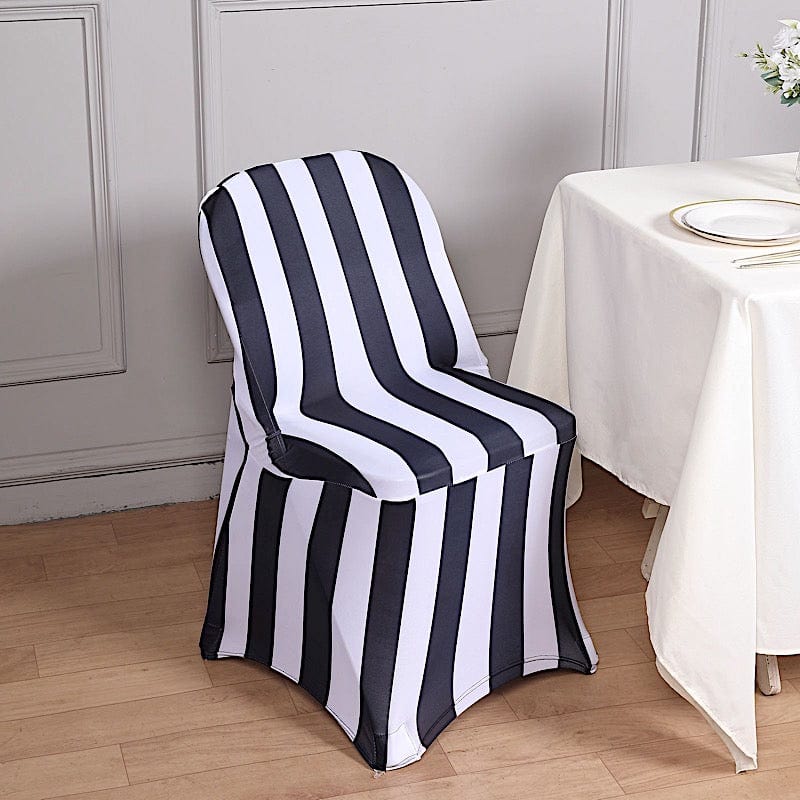 Striped Fitted Premium Spandex Folding Chair Cover - Black and White CHAIR_SPFD15_BLK