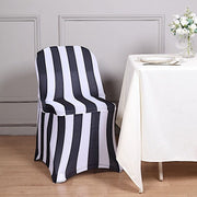 Striped Fitted Premium Spandex Folding Chair Cover - Black and White CHAIR_SPFD15_BLK