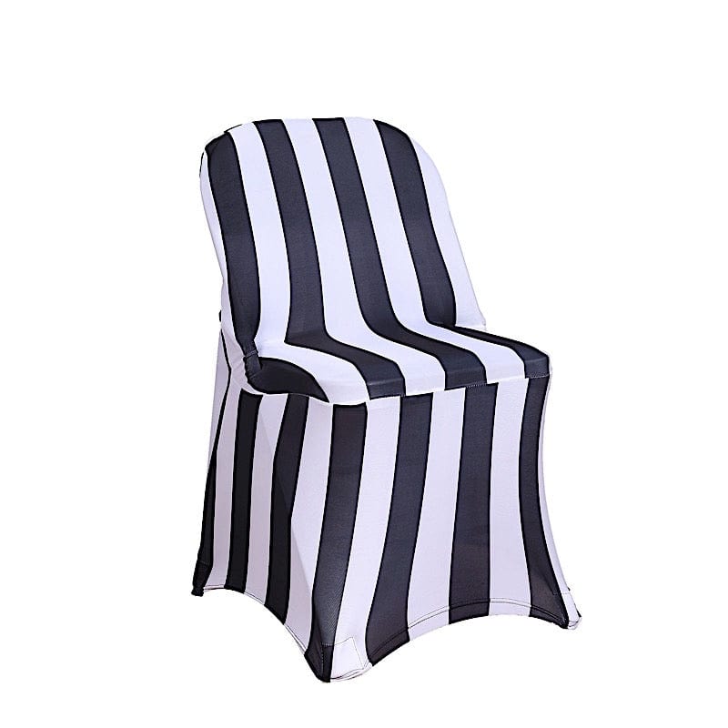Striped Fitted Premium Spandex Folding Chair Cover - Black and White CHAIR_SPFD15_BLK